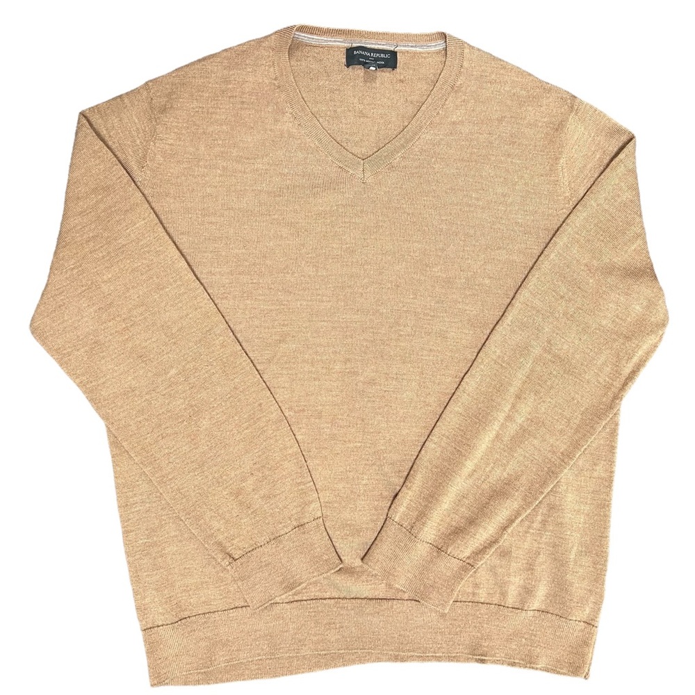 Banana Republic Mens Sweater V Neck Merino Wool Brown Tan Size XL